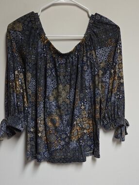 Michael Kors Navy Blue Off The Shoulders Multicolored Geometric Pattern Top  P/L